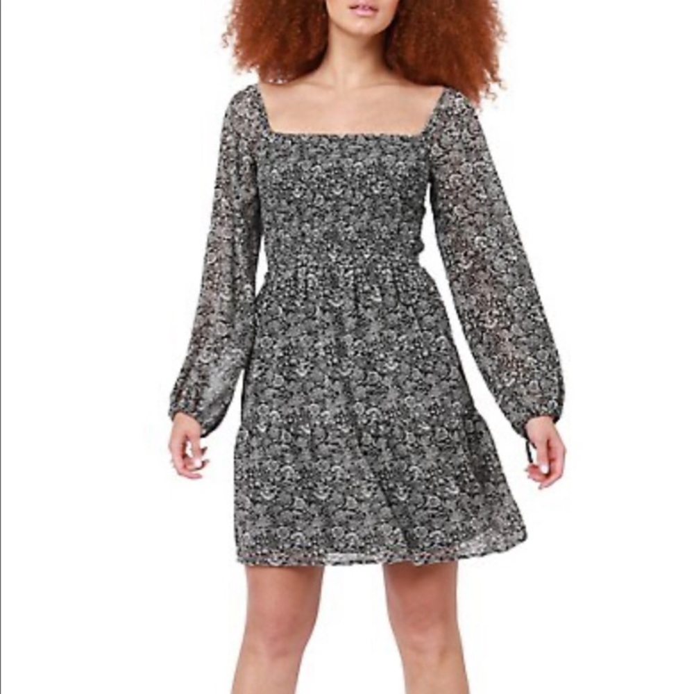 Dynamite Long Sleeve Floral Squareneck Smocked Mini Dress